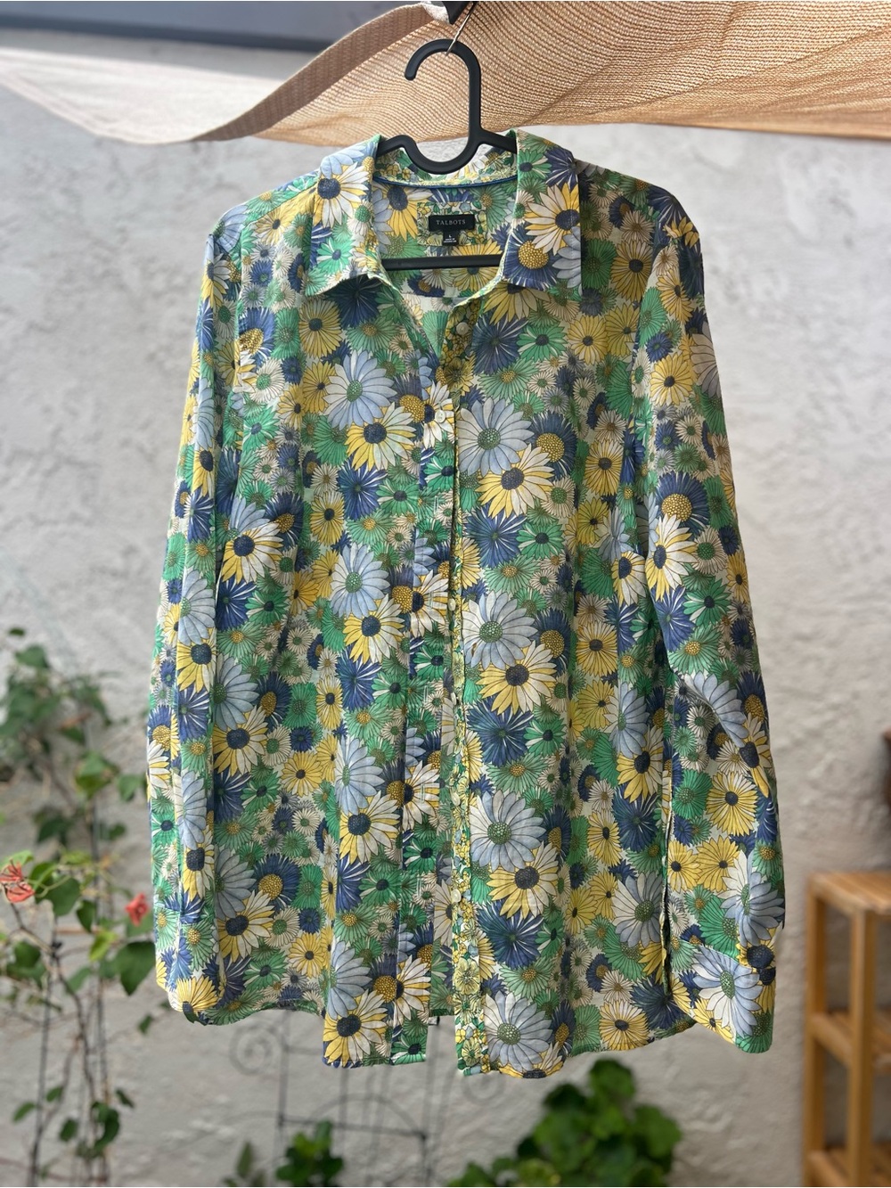 Floral Lightweight Cotton Button-Up Shirt in Green & Yellow by Talbots